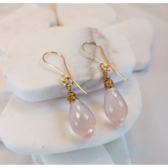 Natural Rose Quartz Micro Faceted Gold Fill Dangle Drop Earrings Handmade AAA - Picture 6 of 6